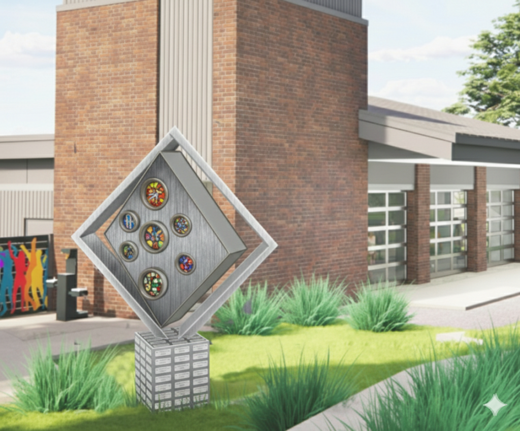 concept rendering of the Arts Park Sculpture. Diamond-shaped sculpture featuring glass and metal.